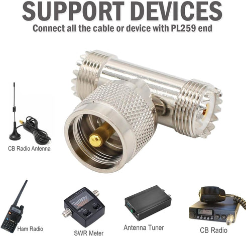 PL259 T Connector Adapter Male to Female, UHF 1 Male to 2 Female, SO239 Male to SO239 Female Tee Coaxial Cable Splitter for Ham Radio CB Antenna...