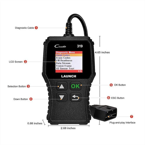 LAUNCH OBD2 Scanner Engine Fault Code Reader, CR319 Code Reader Scanner, CAN Diagnostic Scan Tool Supports DTC Lookup, Mode6 O2 Sensor for OBDII P...