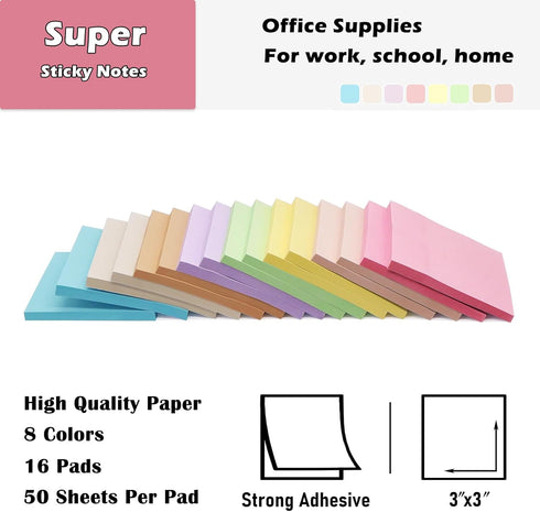 (16 Pack) Sticky Notes 3x3 in Post, Pastel Colors Sticky Note Pads, Recyclable, Sticky Notes Bulk, 3x3 Sticky Notes Easy to Post for Home, Office,...