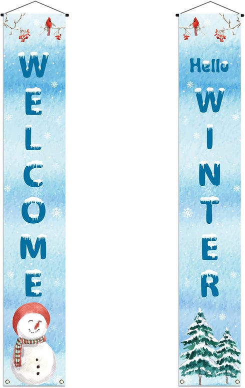 Welcome Hello Winter Porch Banner Snowman Cardinal Christmas Xmas Holiday Front Door Sign Wall Hanging Party Decoration...