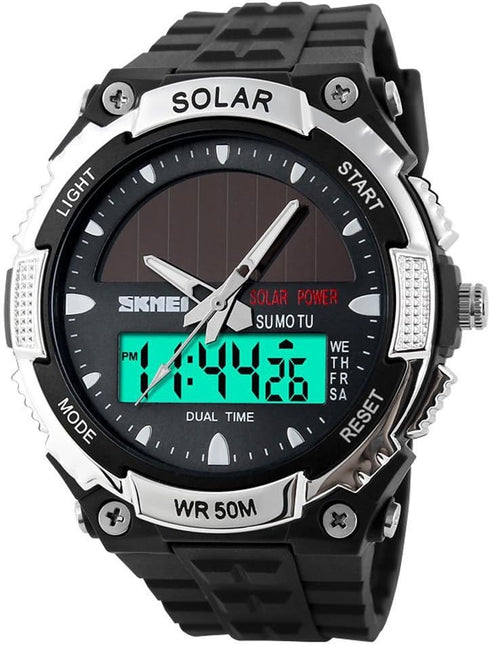 MASTOP solar energy watch led luminous indication 2 Time Zone 50m waterproof watch(Silver)...