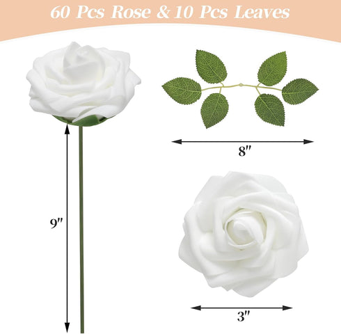 DerBlue 60pcs Artificial Roses Flowers with stem and 10pcs Green Leaves Real Looking Fake Roses Artificial Foam Roses Decoration DIY for Wedding,A...