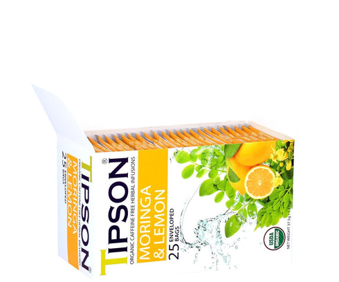 Tipson Organic Moringa Caffeine Free Herbal Tea - Lemon Flavor - 25 Premium Double Chambered Bags - Superfood - Keto/Paleo...