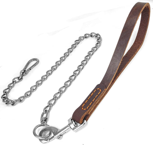 Dog Chain Short Leash with Leather Handle, 304 Stainless Steel Dog Short Lead Metal Heavy Duty Chain DIY Double Dog Leashes,Extend&Coupler. (Leath...