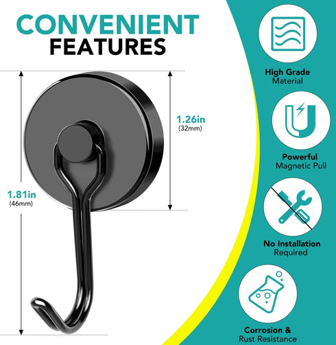 DIYMAG Black Magnetic Hooks, 110LBS Strong Magnetic Hooks Heavy Duty, Strong Magnet Hooks with Metal Hanger for Hanging Refrigerator Home Kitchen ...