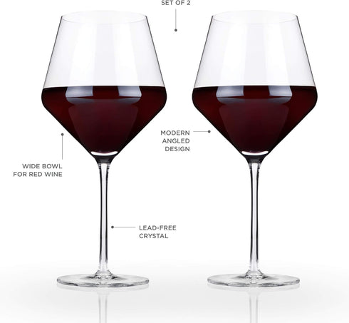 Viski Raye Angled Burgundy Glasses Set of 2 - Premium Crystal Clear Glass, Modern Stemmed, Flat Bottom Red Wine Gift Set - 21 oz...