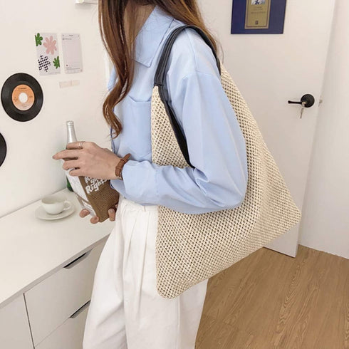 Hand-woven Straw Shoulder Bag Boho Black Leather Top Handle Tote Retro Summer Beach Bag Holiday Travel Handbag...