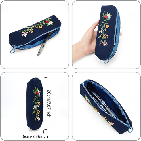 FREEBLOSS DIY Embroidery Pencil Case Embroidery Kit Dark Blue Pencil Case Making Kit Traditional Flower Style Embroidery Starter Kit with Instruct...