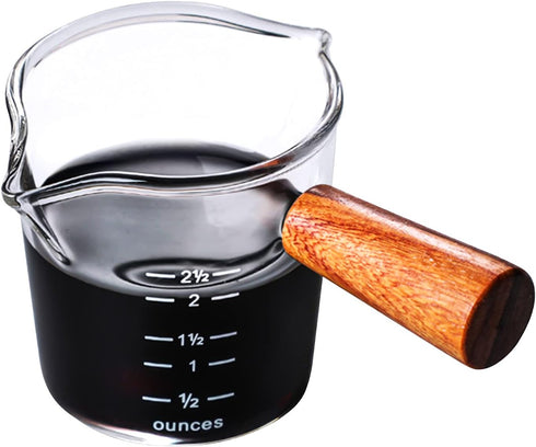 Double Spouts Measuring Cup with Wooden Handle Heat-Resistant Espresso Shot Glasses 3.5oz Mini Sauce Pitcher for Milk Coffee Tea Wine Cocktail...