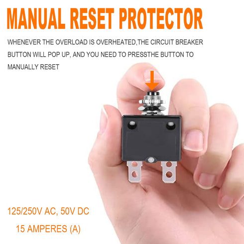 15Amp Electric Button Breaker 125/250V AC 50V DC Push Button Circuit Breaker Thermal Overload Protector with Manual Reset, for Power Strips - 4PCS...