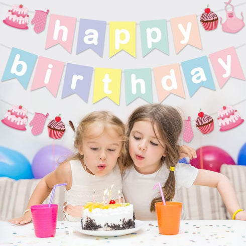 Baking Theme Macaroon Color Sweet Happy Birthday Bunting Garland Banner For Little Bakers Girls Kids Birthday Bakery Chef Cupcake Themed Party Sup...