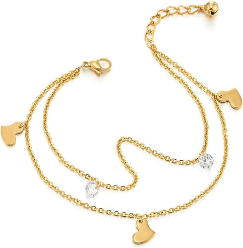 COOLSTEELANDBEYOND Two-Row Stainless Steel Gold Color Anklet Bracelet with Dangling Charms of Cubic Zirconia and Hearts...