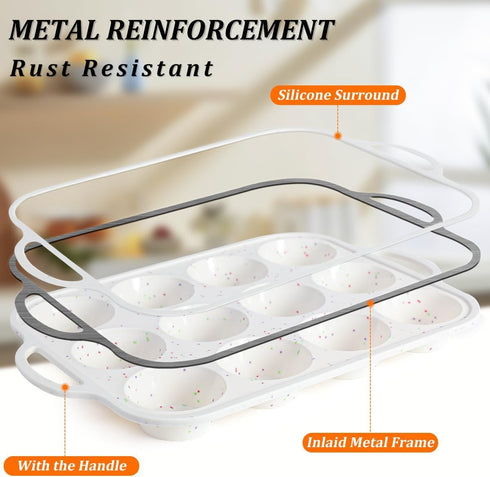 CAKETIME Silicone Muffin Pan, Metal Reinforced Frame Regular Size Cupcake Pan with Handle 12 Cups Nonstick Muffin Pan for Baking BPA Free 1 Pack C...