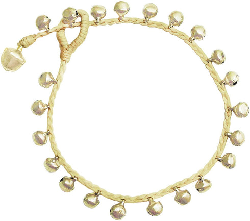 Handmade Silver-Tone Tiny Bells Beige Cord Station Anklet Bracelet 10 Inches (AkSP09)...