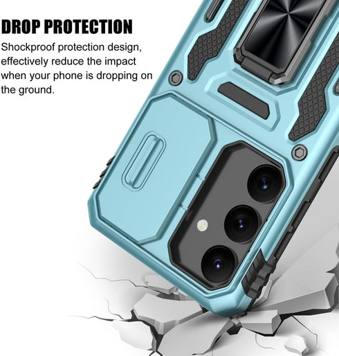 for Samsung Galaxy S24 Case, Shockproof Phone Case with Sliding Camera Cover & Rotatable Ring Holder Kickstand + Tempered Glass Screen Protector f...