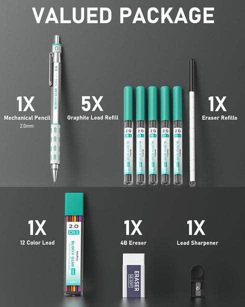 Nicpro Blocky Gear 2mm Mechanical Pencils in Case, Metal Drafting Lead Holder with 6 Tubes 2mm Lead Refill (HB 2B 2H 4B 4H & Colors) Sharpeners, E...