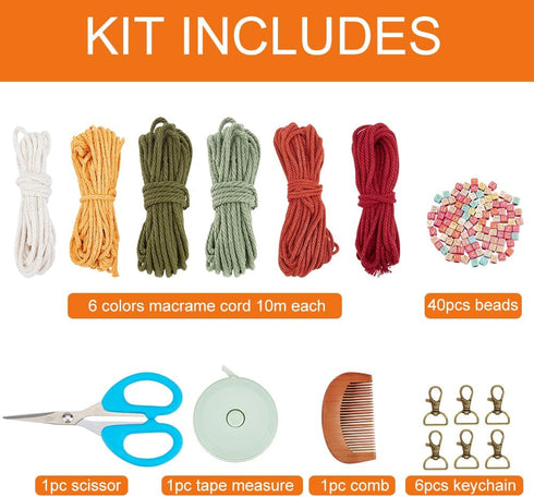 DIY 6 Set Personalized Macrame Keychain Kit Name Macrame Keychain for Boho Bag Car Key Purse Phone Wallet Charm with Tassels Cotton Cord Instructi...