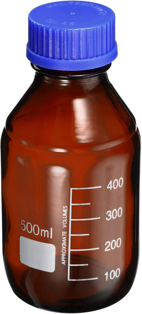 PATIKIL 500mL Reagent Media Bottle, 1Pcs Round Graduated Glass Storage Bottle Blue Screw Cap for Chemistry Lab Universities Home, Amber...