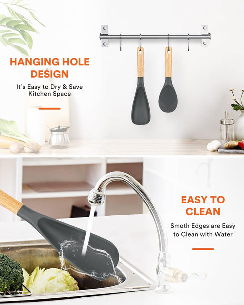 Cooking Spoon and Rice Scooper for Nonstick Cookwares, Great for Cooking and Serving Durable BPA-Free Matte Silicone, Wood Handle Spoon for Mixing...