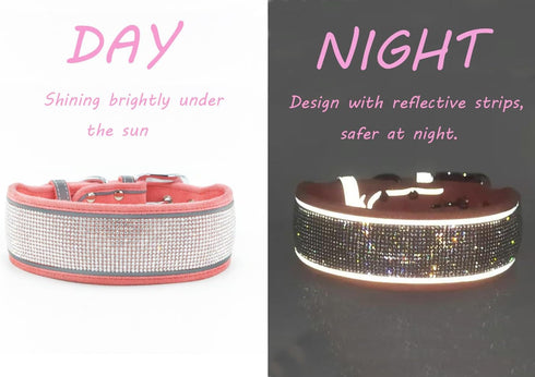 Bling Diamond Dog Collar for females girls,Soft Velvet Leather with Fancy Sparkly Crystal Rhinestones,Reflective Stripe,Suit Medium Large Dogs pup...