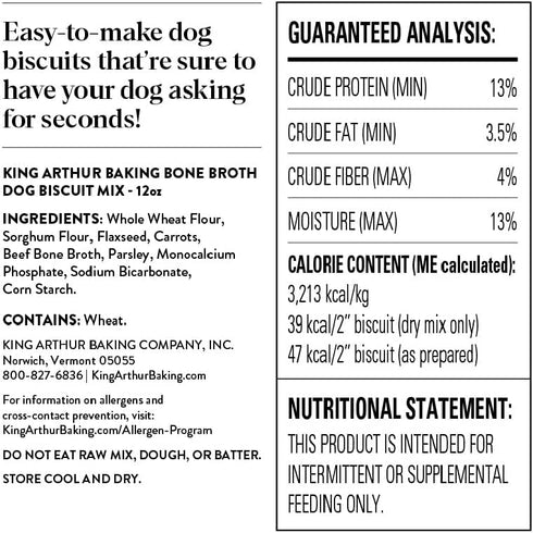 King Arthur Baking Company Dog Biscuit Mix, Beef Bone Broth & Carrot, Homemade Dog Treats, 12oz...