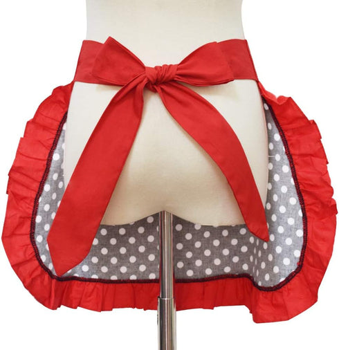 Black Sexy Polka Dot Ruffle Side Cotton Kitchen Cooking Waist Waitress Server Half Aprons with Pocket Women Girl...