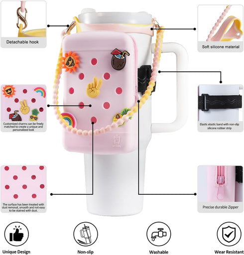 Water Bottle Pouch with Charm and Handle,Silicone Water Bottle Carrier Bag with Strap,Stanley Cup Accessories,Tumbler Pouch,Compatible with Stanle...