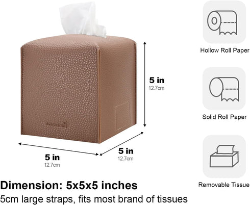 Tissue Box Cover 5X5X5'' PU Leather Tissue Holder Square Tissue Cube Box Organizer for Bathroom Vanity Countertop, Car, Night Stands, Office, Home...