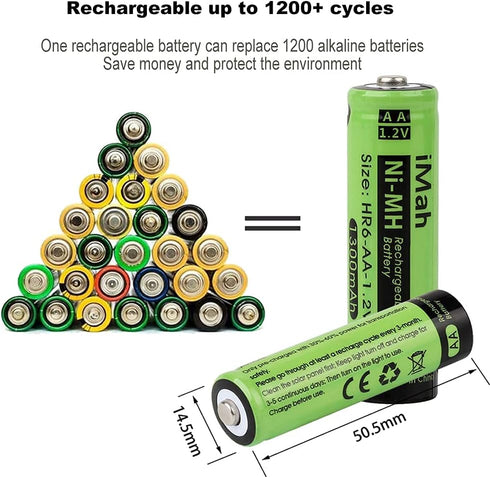 iMah 10-Pack AA Rechargeable Batteries for Solar Lights 1.2V 1300mAh Ni-MH, Also Work with Garden Lamps, Remotes, Mice and Other Household Devices...