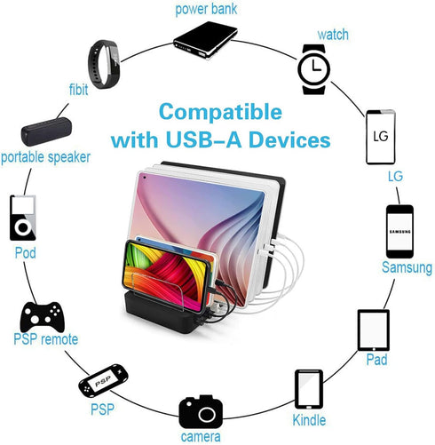 COSOOS Fastest Charging Station with QC 3.0, 63 W 6-Port USB Charging Station for Multiple Devices with 6 Mixed Short Cable & iWatch Stand, Multi ...