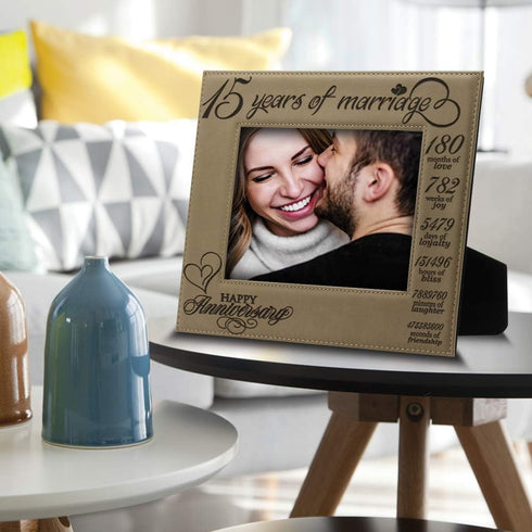 BELLA BUSTA-15 Years of marriage-Happy Anniversary-15th Anniversary- Engraved Leather Picture Frame (5 x 7 Horizontal) light brown...