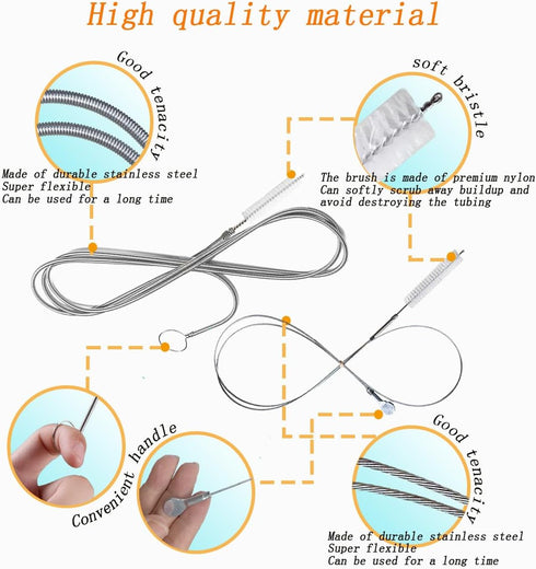 2-Pack Flexible Nylon Drain Pipe Hose, Slim Feeding Tube Cleaner with Stainless Steel Wire Brush, Long Cleaning Straw for Home Kitchen, Fish Tank,...