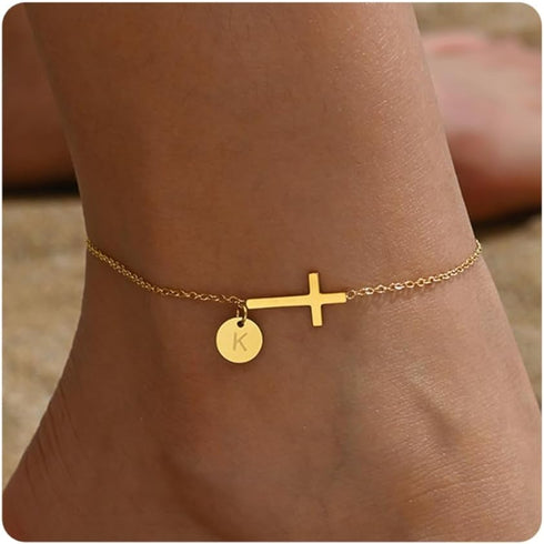 Gold Initial Ankle Bracelets for Women Dainty Waterproof Gold Cross Chain Anklet Personalized A-Z Coin Disc Letter Ankle Bracelet Summer Beach Jew...