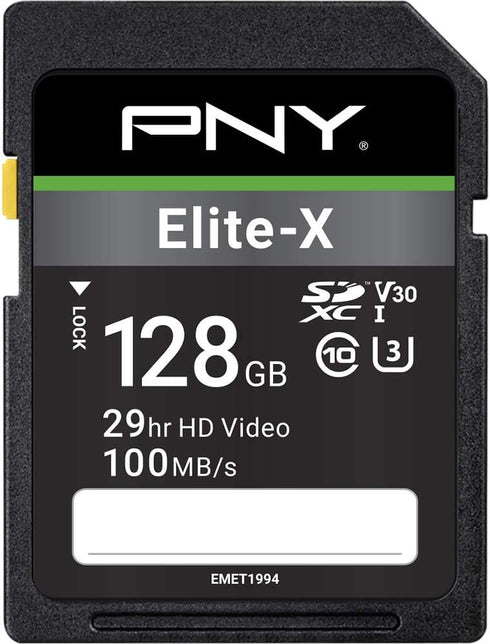PNY 128GB Elite-X Class 10 U3 V30 SDXC Flash Memory Card - 100MB/s, Class 10, U3, V30, 4K UHD, Full HD, UHS-I, Full Size SD...