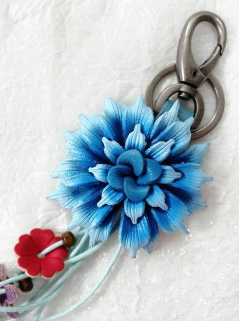 Padee Genuine Leather Dahlia Flower Keychain Keyring Snap Strap for Hanging Handbag Wallet Purse Car Handmade Hook#HOOKMKEY...