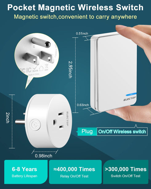 Remote Control Outlet, ELECTOP 15A/1500W, Wireless Outlet Power Switch, No Wire Long Range Electrical Switch Plug in On/Off for Lights, Fans, Chri...