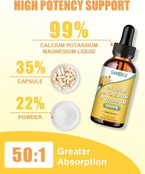 Calcium Magnesium Potassium Supplement Liquid,400mg Magnesium Glycinate,600mg Calcium Magnesium Drop Supplement with Vitamin D and Zinc (60ml/Lemo...