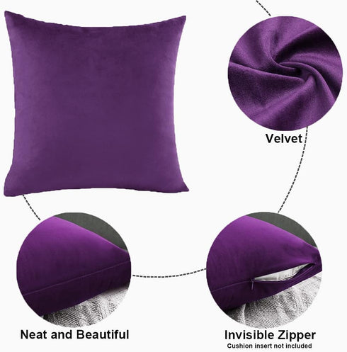 Throw Pillow Cover Velvet Purple - 18 x 18 Inch Pillow Cushion Cover - Set of 2 Square Eggplant Cushion Case, Gift for Sofa, Chair, bedroom and No...