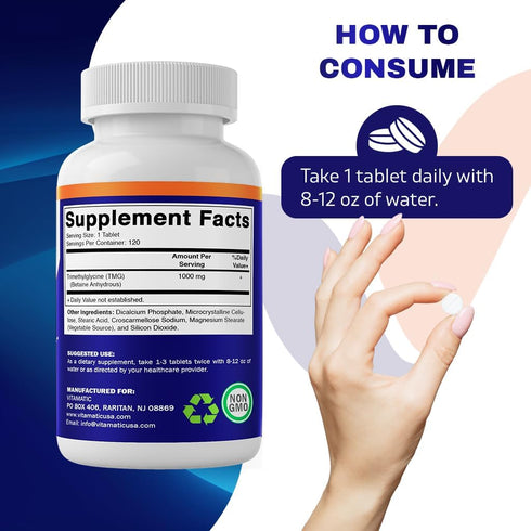 Vitamatic TMG Supplements 1000mg - Trimethylglycine - Betaine Anhydrous - 120 Tablets - 120 Servings - Non-GMO & Gluten Free...