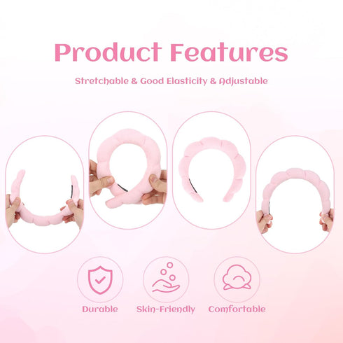 Pink Spa Headband for Washing Face Puffy Sponge Headbands Skincare Headbands for Women Girls Terry Cloth Headband for Washing Face Skincare Makeup...