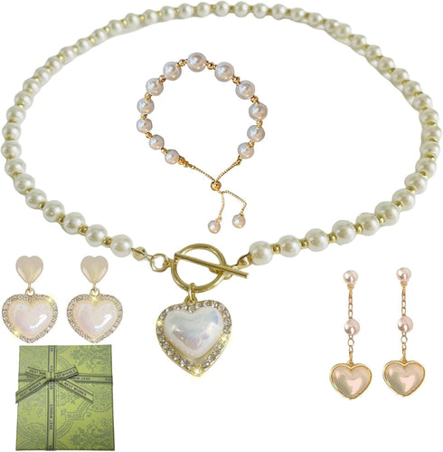 Pearl Heart Necklace and Earring set - 4PCS Pearl Jewelry Set for Women Gold Plated Pearl Choker Necklace Pearl Bracelet Pearl Earrings Set Trendy...