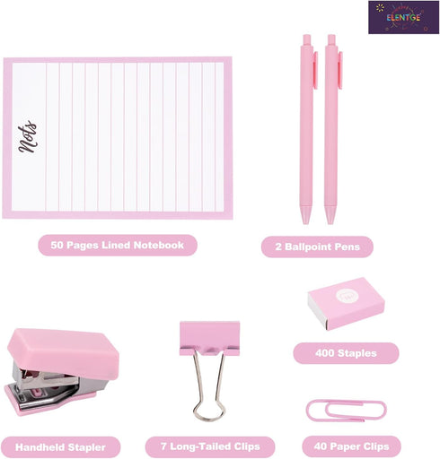 6pcs Pink Office Supplies Set, Pink Desk Accessories, Stapler Binding Set for Women with Paper Clip, Neutral Pen, Long Tail Clip, Horizontal Noteb...