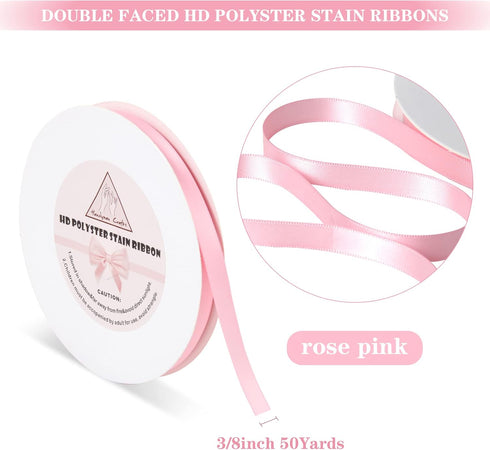 3/8" Pink Double Faced Satin Ribbons 50 Yards HD Polyester Stain Ribbon,for Wedding Gift Wrapping, Florist,Flowers,Arts and Crafts,Balloons,Holida...
