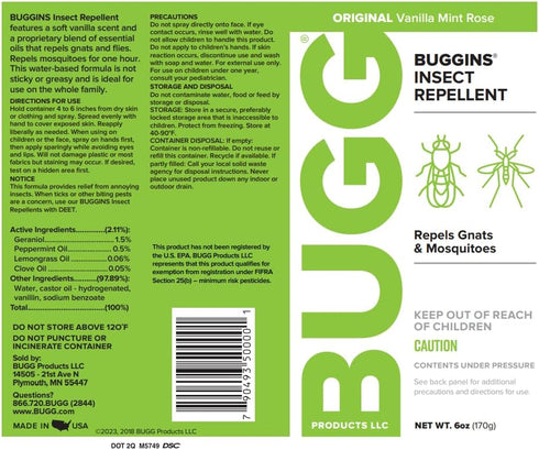 BUGGINS Original - Insect Repellent - Mosquitoes & Gnats, DEET Free, Non-Greasy - 6 oz Continuous Spray Can...