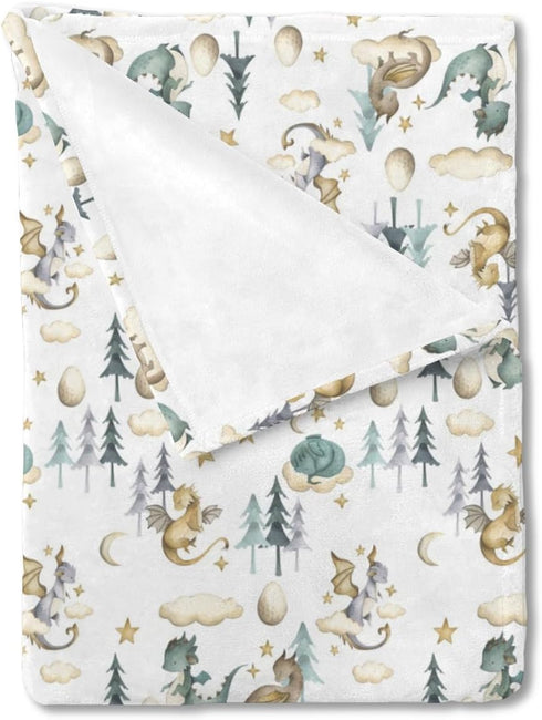 Watercolor Cute Dragon Fairy Tale Baby Blanket for Boy Gift, Cloud Moon Star Dragons Egg Flannel Fleece Nursery Bed Blankets, Soft Lightweight New...
