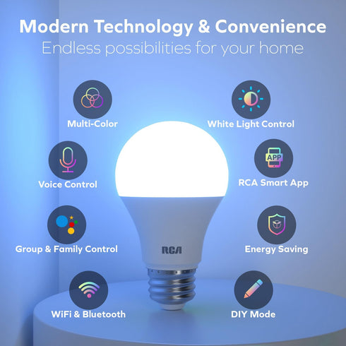 RCA Smart Light Bulbs | WiFi LED Light Bulb | Color Changing Light Bulb | Dimmable Multicolor 800 Lumens 10W Works with Alexa and Google Home | 60...
