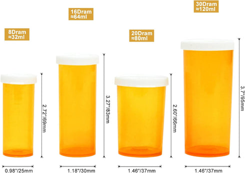 Pill Bottles with Snap Caps, Not Child Resistant Cap, Prescription Vials - Easy Open - Empty Medicine Plastic Containers for Personal Medication &...