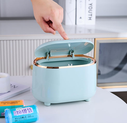 Plastic Trash can Creative Mini Desktop Trash can with lid Small Home Office Cleaning Trash Desktop Storage bin with 50 Trash Bags (Green)...