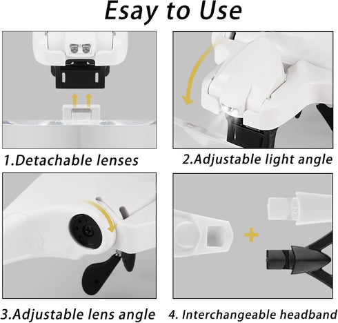 Magnifying Glasses, USB Charging Headband Magnifier Head Mount Magnifying Glasses with LED Light for Jewelry Craft Watch Hobby 5 Lenses 1.0X 1.5X ...