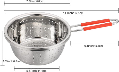 Stainless Steel Perforated Metal Colander Strainer with Long Red Handle Sieve Sifters Use for Kitchen Food Pasta Noodles Spaghetti Vegetables Silv...